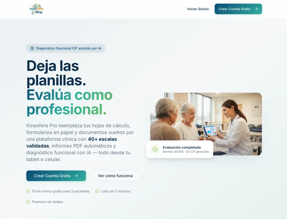 Kinesfera Pro — Plataforma clínica con escalas validadas e informes PDF